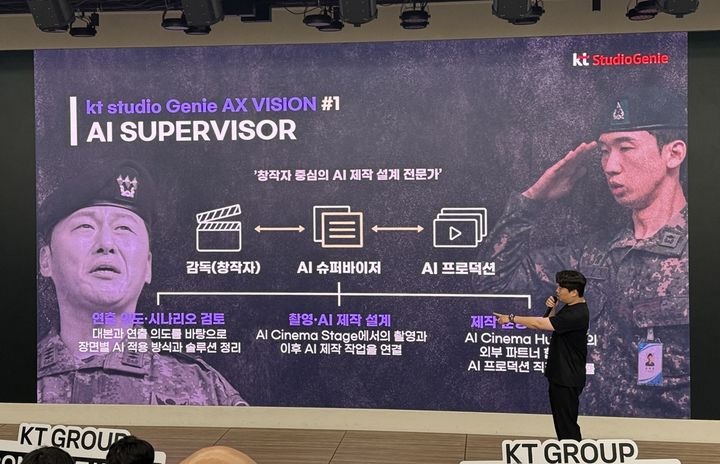 [서울=뉴시스] 심지혜 기자 = 은재현 KT스튜디오지니 AI사업추진팀장이 21일 서울 광화문 KT WEST 사옥에서 열린 'KT 그룹 커넥트 위크'에서 AI 슈퍼바이저를 중심으로 한 콘텐츠 제작 시스템을 설명하고 있다. *재판매 및 DB 금지