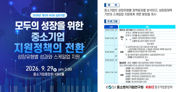 [서울=뉴시스] 중소벤처기업연구원은 오는 29일 중소기업중앙회 KBIZ홀에서 '2026년 제3차 KOSI 심포지엄'을 개최한다고 밝혔다. 중소기업중앙회와 공동으로 연다. (사진=중소벤처기업연구원 제공) 2026.9.21. photo@newsis.com *재판매 및 DB 금지