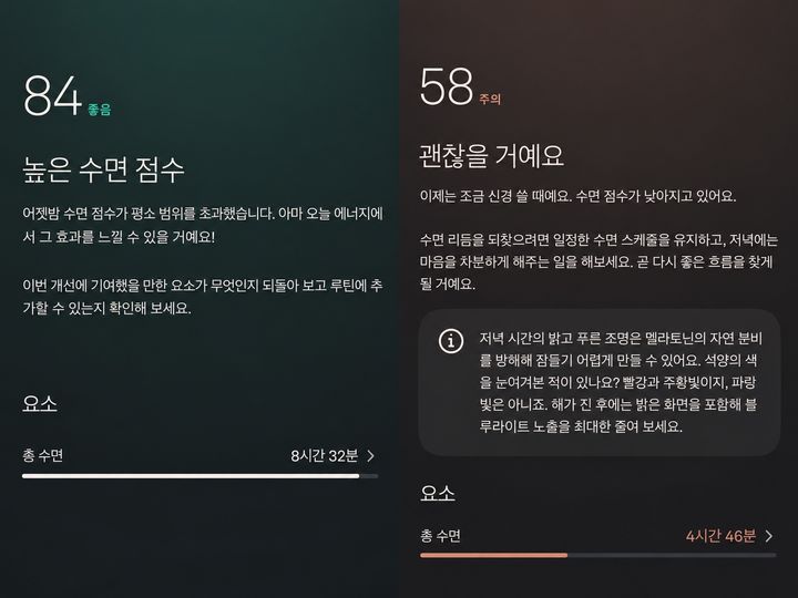 오우라링5를 착용한 채 잠을 자면 매 기상 시 수면 점수를 보여주고, 그에 따른 조언을 함께 안내한다. (사진=오우라 앱 캡처) *재판매 및 DB 금지
