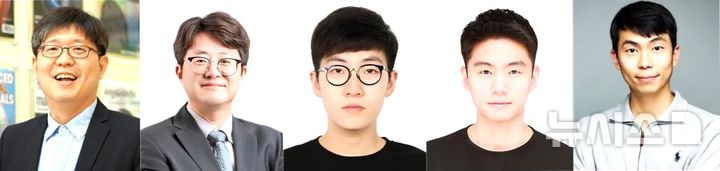 [포항=뉴시스] 포스텍 기계공학과·화학공학과·전자전기공학과·융합대학원 노준석 교수·전자전기공학과·IT융합학과·기계공학과·융합대학원 김철홍 교수 연구팀이 전압 만으로 초점을 전환해 넓은 깊이 범위를 고해상도로 촬영하는 '이중 초점 메타렌즈 광음향 현미경'을 개발했다. 사진 왼쪽부터 노 교수, 김 교수, 기계공학과 김홍윤 박사, 의공학과 박사과정 박은우씨, 경북대 박정우 교수(포스텍 의공학과 졸업). (사진=포스텍 제공) 2026.09.21. photo@newsis.com