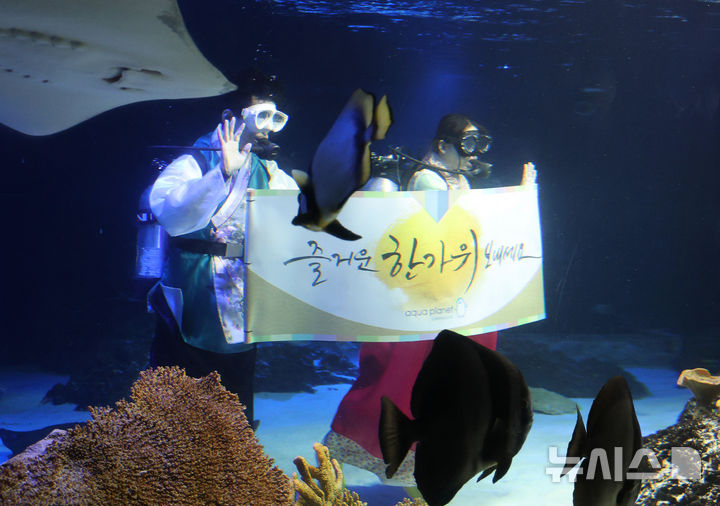 [수원=뉴시스] 김종택 기자 = 추석 명절을 나흘 앞둔 21일 경기 수원시 영통구 아쿠아플라넷 광교에서 한복을 입은 아쿠아리스트들이 추석 맞이 인사를 하고 있다. 2026.09.21. jtk@newsis.com