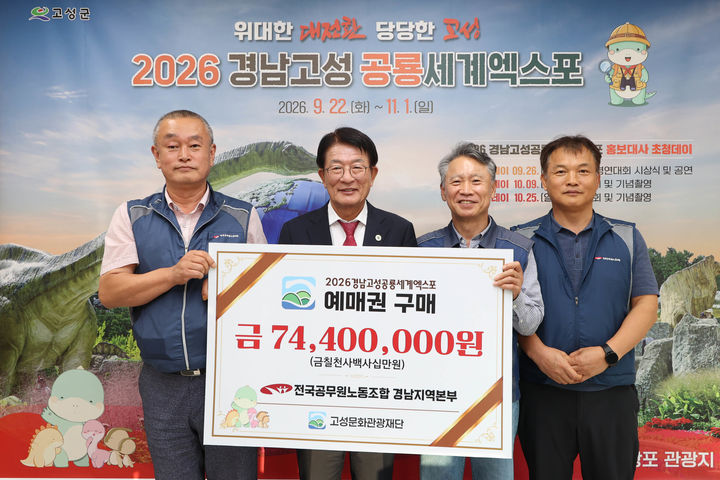 [고성(경남)=뉴시스] 신정철 기자= 전국공무원노동조합 경남지역본부가 지난 21일, '2026경남고성공룡세계엑스포'의 성공적인 개최를 위해 사전예매권 7440만 원 상당을 구매했다.사진은 하학열 군수와 함께한 사전예매권 구입 기념사진.(사진=고성군 제공).2026.09.22. photo@newsis.com *재판매 및 DB 금지