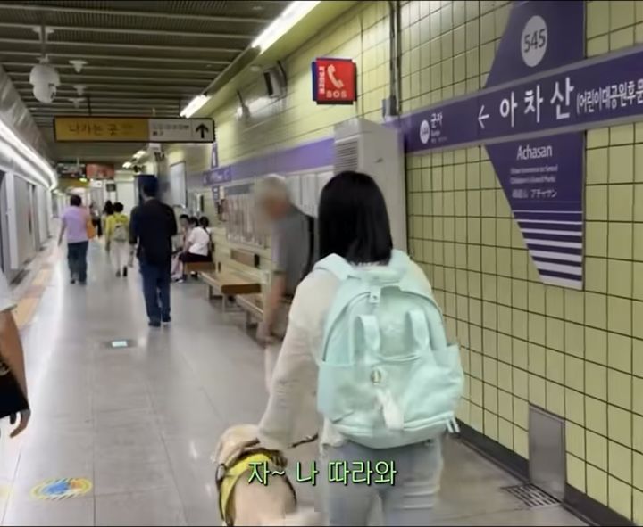 [서울=뉴시스] 허우령 KBS 앵커가 안내견 '하얀이'와 함께 지하철을 이용하던 중 한 할아버지의 도움을 받았다. (사진='wooryeong_heo' 인스타그램 계정 캡처)