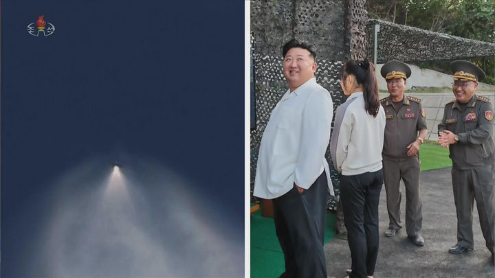 [서울=뉴시스] 북한 조선중앙TV는 지난 20일 새로운 중요 전투무기체계 시험을 진행했다고 22일 보도했다. 이 자리에는 김정은 북한 국무위원장과 딸 김주애가 함께했다. (사진=조선중앙TV 캡처) 2026.09.22. photo@newsis.com *재판매 및 DB 금지