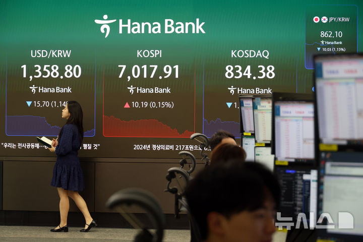 [서울=뉴시스] 고승민 기자 = 코스피가 전일 대비 10.19포인트(0.15%) 상승한 7017.91로 거래를 마친 지난 22일 서울 하나은행 딜링룸에서 딜러들이 업무를 보고 있다. 코스닥은 전일 대비 1.89포인트(0.23%) 하락한 834.38로 마감했다. 서울 외환시장에서 원·달러 환율은 전 거래일 주간종가 대비 22.8원 내린 달러당 1358.2원에 마감했다. kkssmm99@newsis.com