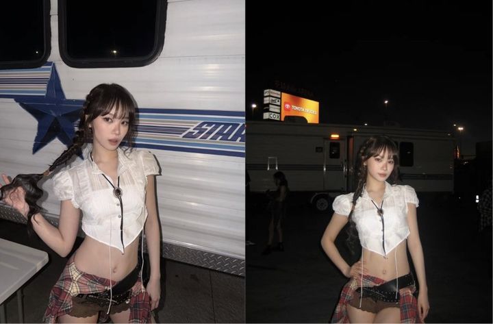 [서울=뉴시스] 그룹 르세라핌 김채원이 이색적인 스타일링으로 시선을 모았다. (사진 출처=김채원 인스타그램 캡처)