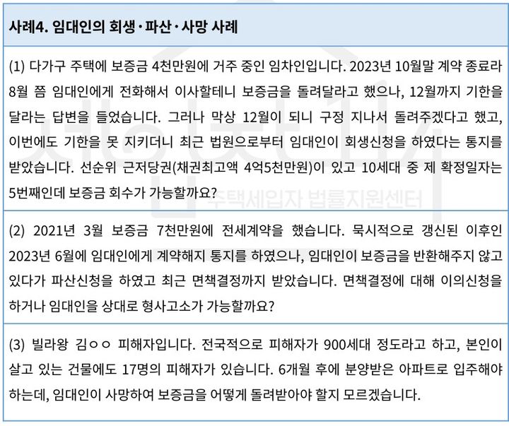 [서울=뉴시스] 주택세입자 법률지원센터 세입자114 보고서에 담긴 임대인 회생, 파산, 사망으로 인한 피해 사례. (자료=세입자114 보고서 발췌) 2026.09.24. photo@newsis.com *재판매 및 DB 금지