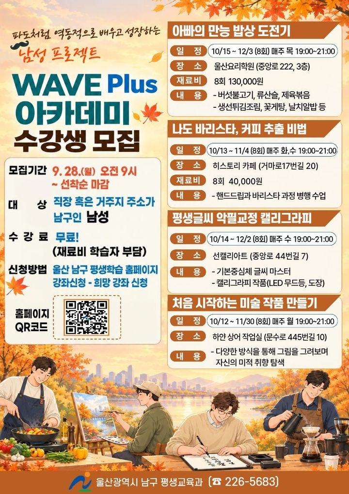 [울산=뉴시스] 울산시 남구가 남성들을 위한 맞춤형 평생학습 프로그램인 '웨이브 플러스(WAVE Plus) 아카데미' 하반기 수강생을 오는 28일 오전 9시부터 선착순 모집한다. (사진=울산 남구 제공) photo@newsis.com *재판매 및 DB 금지