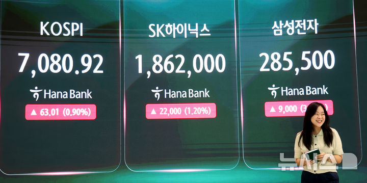 [서울=뉴시스] 박영태 기자 = 코스피가 63.01포인트(0.90%) 오른 7080.92에 장을 마감한 23일 오후 서울 중구 하나은행 본점에서 딜러들이 업무를 보고 있다. 삼성전자와 SK하이닉스도 상승 마감헀다. 2026.09.22. since1999@newsis.com