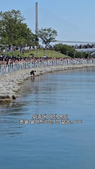[서울=뉴시스] 부산 북항 친수공원 수로에서 한 남성이 물에 빠진 휴대전화를 찾고있다. 남성이 나온 뒤 얼마 지나지 않아 인근 수면에서 상어가 모습을 드러냈다. (사진=온라인 커뮤니티 캡처) *재판매 및 DB 금지