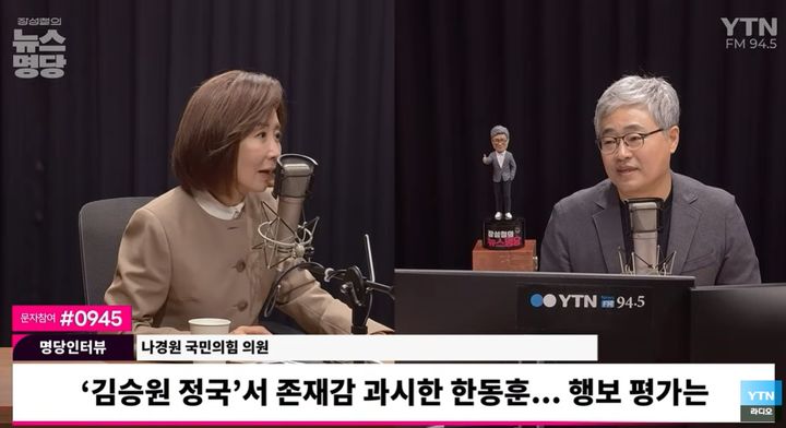 [서울=뉴시스] 나경원 국민의힘 의원이 23일 YTN 라디오 '장성철의 뉴스명당'에 출연했다. 방송에서 한동훈 무소속 의원과 관련한 질문이 이어지자 "이 방송도 역시 한동훈 방송이냐"며 섭섭함을 드러냈다. (사진=YTN 라디오 유튜브 캡처) *재판매 및 DB 금지