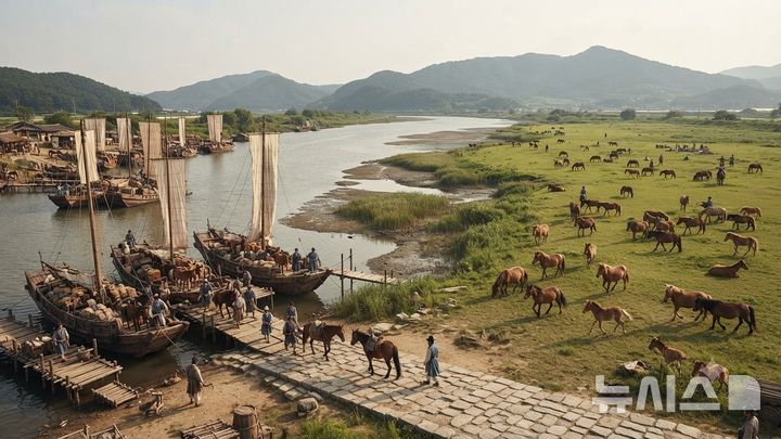 [나주=뉴시스] 이창우 기자=나주 영산포에서 영산강을 따라 상류로 약 2.4㎞를 거슬러 올라가면 옛 포구 노항포(路項浦)가 있던 질목구비가 나온다. 바다를 항해하던 범선이 닻을 내리고 제주말을 비롯한 물자와 사람이 오갔던 영산강 상류의 물류 거점이었다. 2026.09.26. (옛 노항포 상상도=생성형 AI제작) lcw@newsis.com