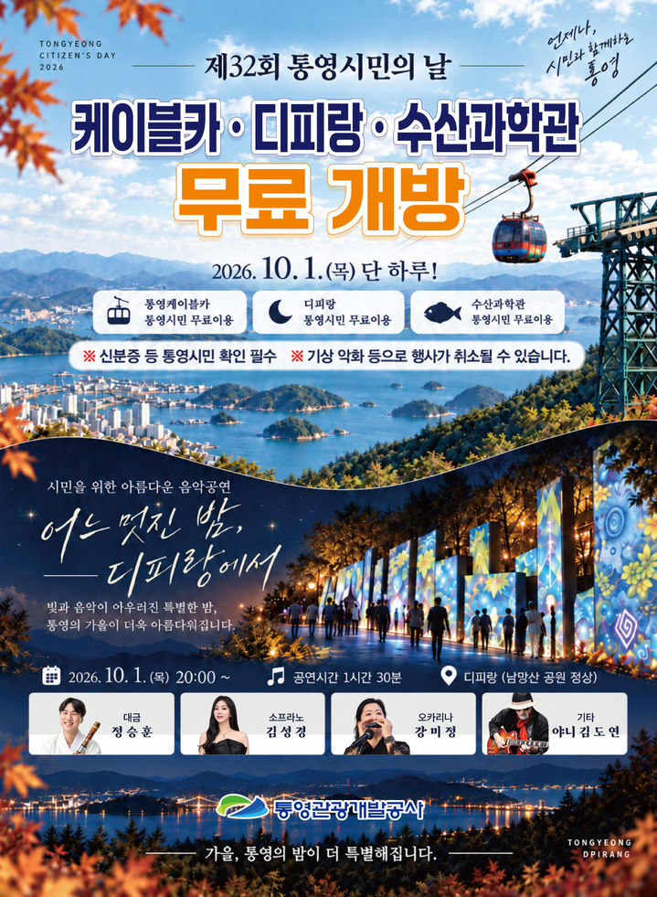 [통영=뉴시스] 신정철 기자= 오는 10월 1일, 통영시민의 날에 경남 통영시가 운영하는 미륵산케이블카와 남망산 디피랑, 산양읍 수산과학관을 하루동안 통영시민에게 무료개방한다.사진은 행사 포스터.(사진=통영관광개발공사 제공).2026.09.26. photo@newsis.com *재판매 및 DB 금지
