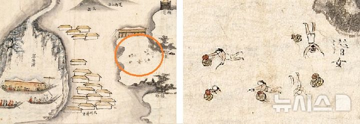 [제주=뉴시스] 탐라순력도에 나오는 해녀 모습(왼쪽 원안)을 확대했다. 한자로는 잠녀로 쓰여 있다. (사진=제주도 누리집 탐라순력도에서 캡처) photo@newsis.com