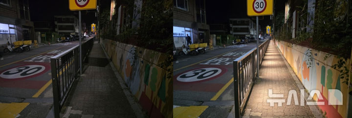[시흥=뉴시스] 대야초등학교 일원 어린이보호구역 내 LED 라인 조명 설치 전후 전경. (사진=시흥시 제공).2026.09.27. photo@newsis.com