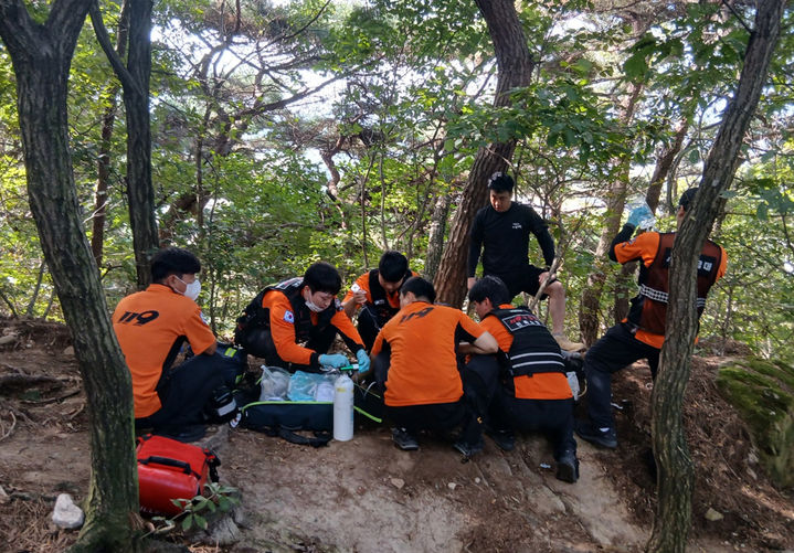 [익산=뉴시스] 27일 오전 10시12분께 전북 익산시의 미륵산을 오르던 등산객이 벌에 쏘여 소방대원들의 응급처치를 받고 있다. (사진=전북도소방본부 제공) 2026.09.27. photo@newsis.com *재판매 및 DB 금지