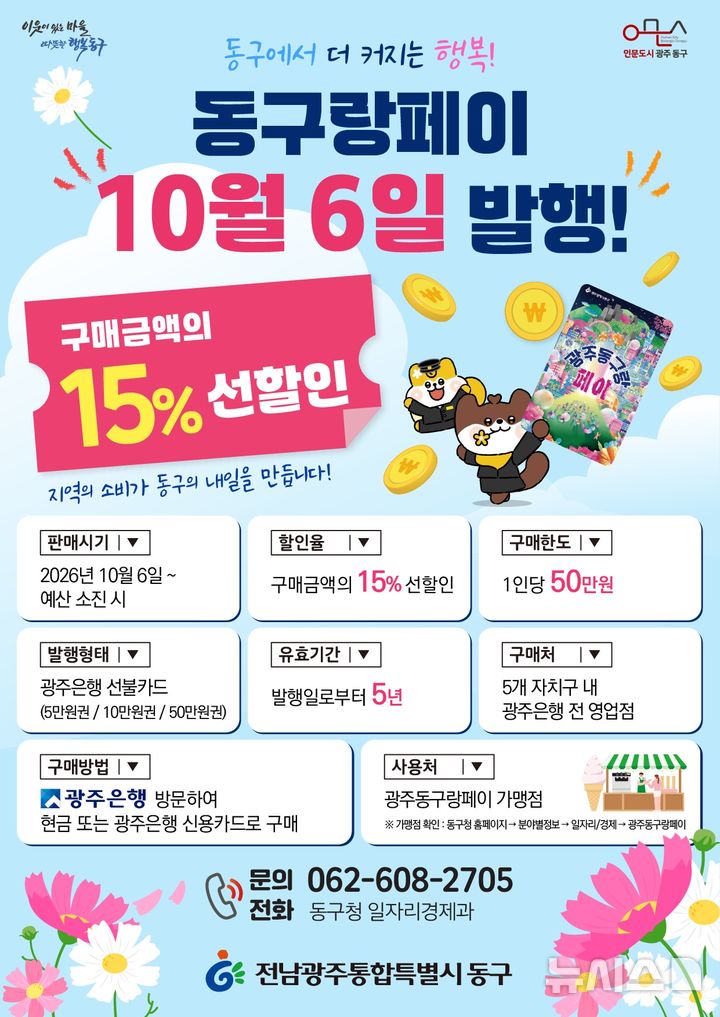 [전남광주=뉴시스] 전남광주통합특별시 동구는 내달 6일부터 지역사랑상품권 '동구랑페이'를 발행한다고 28일 밝혔다. (사진=전남광주통합특별시 동구 제공) 2026.09.28. photo@newsis.com