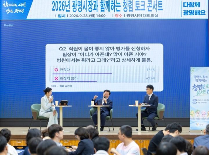 [광명=뉴시스] 박승원 광명시장이 28일 대회의실에서 열린 '2026년 광명시장과 함께하는 청렴 토크 콘서트'에서 직원들의 의견에 대해 자신의 생각을 말하고 있다. (사진=광명시 제공) 2026.09.28. photo@newsis.com *재판매 및 DB 금지