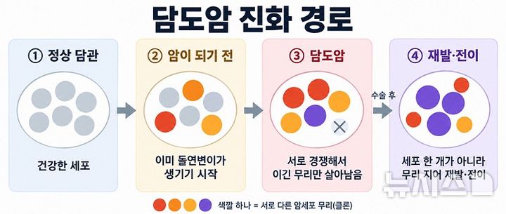 [서울=뉴시스] 색깔이 다른 원은 서로 다른 암세포 무리를 뜻하며, X는 경쟁에서 밀려 사라진 무리다. 수술 후 재발·전이도 세포 한 개가 아닌 여러 세포 무리가 함께 일으킨다. (사진= 분당서울대병원 제공)