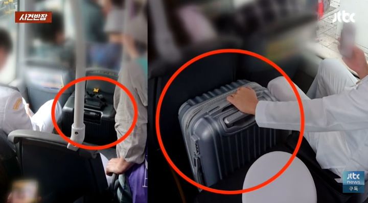 [서울=뉴시스] 부산 30번 버스 안에서 제복 차림의 학생 2명이 좌석 사이에 캐리어를 놓아 주변 승객들이 자리에 앉지 못하는 모습이 공개돼 시선을 끌고 있다. (사진=JTBC '사건반장' 캡처)