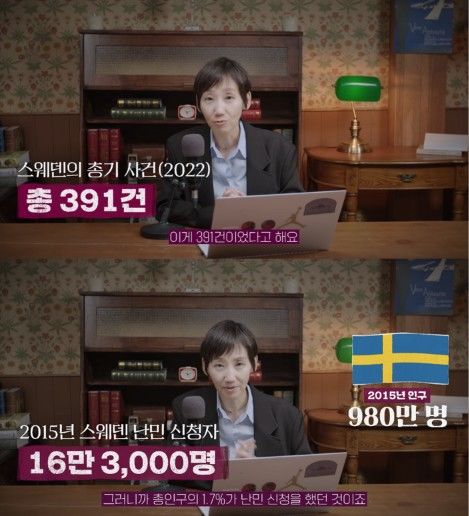 [서울=뉴시스] 복지국가로 알려진 스웨덴에서 갱단 범죄가 확산하면서 총격과 폭발 사건도 잇따랐다는 전문가 분석이 나왔다. (사진 출처=유튜브 채널 '김지윤의 지식Play' 캡처)