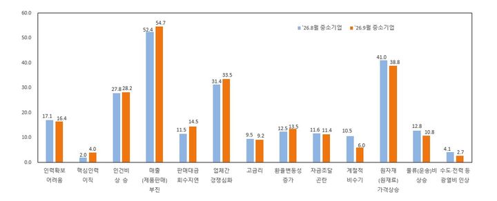 [서울=뉴시스] 중소기업 경영상 애로사항(%), 복수응답 (사진=중소기업중앙회 제공) 2026.9.29. photo@newsis.com *재판매 및 DB 금지