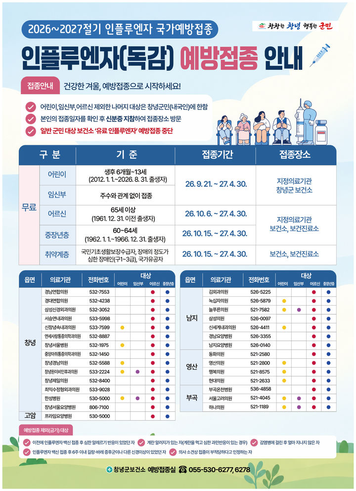 [창녕=뉴시스] 안지율 기자 = 2026-2027절기 인플루엔자 예방접종 안내문. (사진= 창녕군 제공) 2026.09.29. photo@newsis.com *재판매 및 DB 금지
