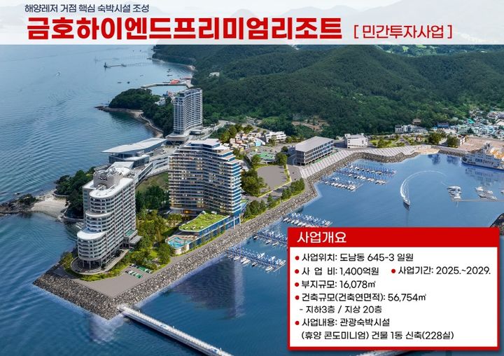 [통영=뉴시스] 신정철 기자= 경남 통영시의 복합해양레저관광도시 조성사업의 첫 단추인 ‘도남관광지 조성계획 변경’이 지난 28일 최종고시됐다. 사진은 지상 20층 규모의 금호 하이앤드프리미엄리조트 조감도.(사진=통영시 제공).2026.09.29. photo@newsis.com *재판매 및 DB 금지