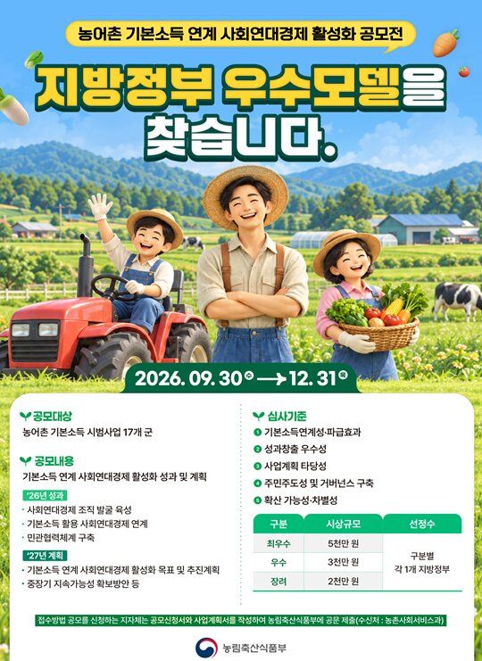 [세종=뉴시스] 농림축산식품부는 30일부터 오는 12월31일까지 농어촌 기본소득 시범지역 17개 지방정부를 대상으로 '농어촌 기본소득 연계 지방정부 사회연대경제 활성화 공모전'을 진행한다고 밝혔다. (사진=농식품부 제공) 2026.09.30. photo@newsis.com *재판매 및 DB 금지