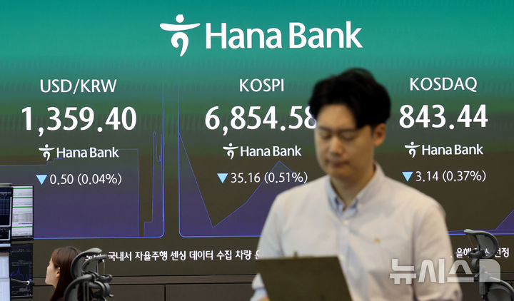[서울=뉴시스] 박영태 기자 = 코스피가 45.33포인트(0.66%) 내린 6844.41에 장을 시작한 29일 오전 서울 중구 하나은행 본점 딜링룸에서 딜러들이 업무를 보고 있다. 코스닥은 2.71포인트(0.32%) 내린 843.87에 장을 개장했다. 2026.09.29. since1999@newsis.com