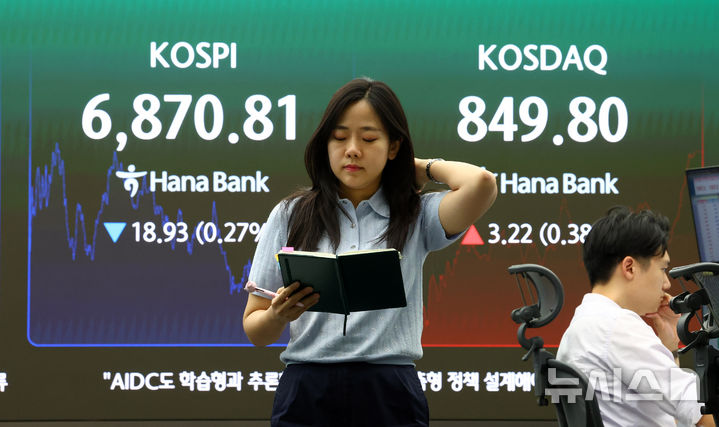 [서울=뉴시스] 전신 기자 = 코스피가 전 거래일 대비 18.93포인트(0.27%) 내린 6870.81로 마감한 29일 서울 중구 하나은행 본점 딜링룸 전광판에 코스피 등이 표시돼 있다. 2026.09.29. photo1006@newsis.com
