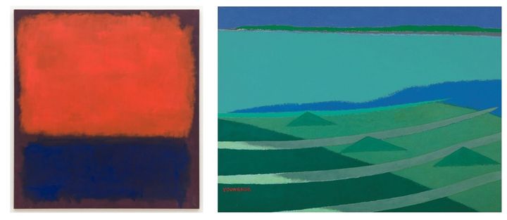 마크 로스코, '14 위', 1960. SFMOMA 소장. 헬렌 크로커 러셀 기금 구입. © 1998년 케이트 로스코 프라이즈 & 크리스토퍼 로스코/아티스트 권리 협회(ARS), 뉴욕.(오른쪽)유영국, 『작품』, 1982. RM 컬렉션. © 유영국. 사진=안춘호, 작가 및 국제갤러리 제공 *재판매 및 DB 금지