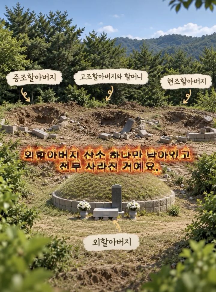 [서울=뉴시스] 작성자가 사연을 설명하기 위해 만든 인공지능(AI) 생성 이미지. 외할아버지의 묘만 남고 나머지 산소가 사라진 상황을 표현했다. (사진출처: 인스타그램 영상 캡처)2026.09.30.