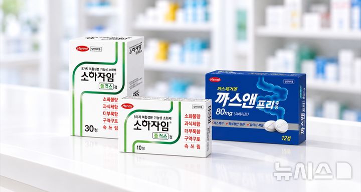 [서울=뉴시스] 한미약품은 증상에 맞춰 복합 소화제 '소하자임플러스정'과 장내 가스제거제 '까스앤프리츄정' 등 일반의약품 소화제 라인업을 갖추고 있다고 30일 밝혔다. (사진=한미약품 제공) 2026.09.30. photo@newsis.com