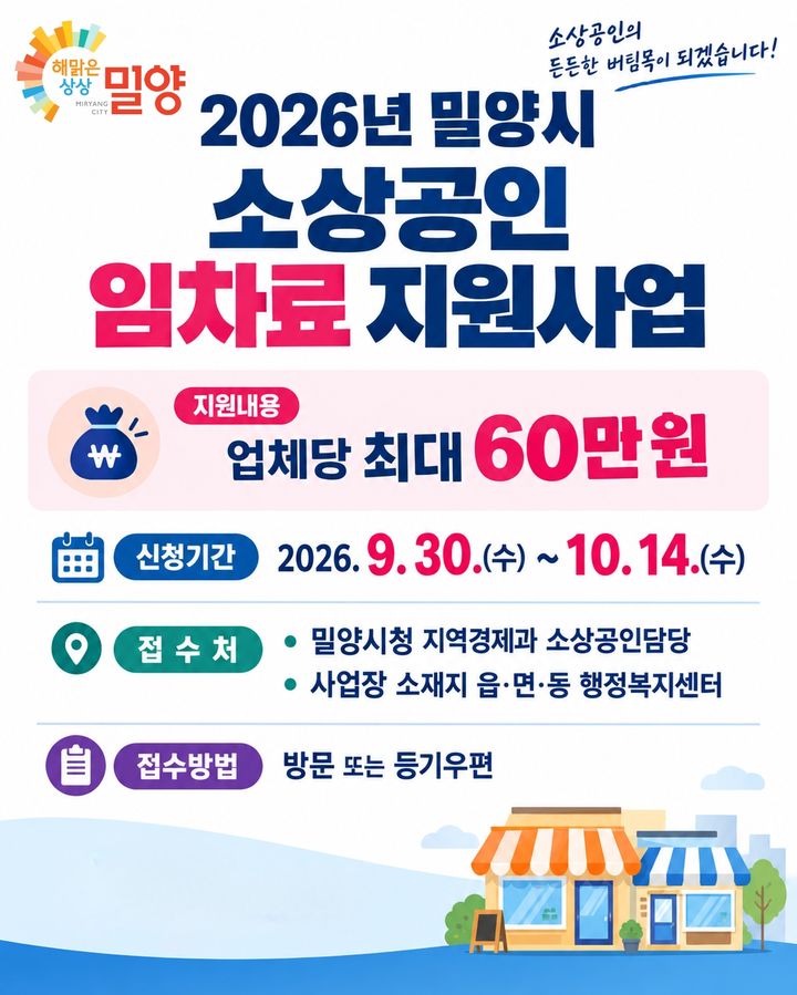 [밀양=뉴시스] 안지율 기자 = 소상공인 임차료 지원사업 안내문. (사진=밀양시 제공) 2026.09.30. photo@newsis.com *재판매 및 DB 금지