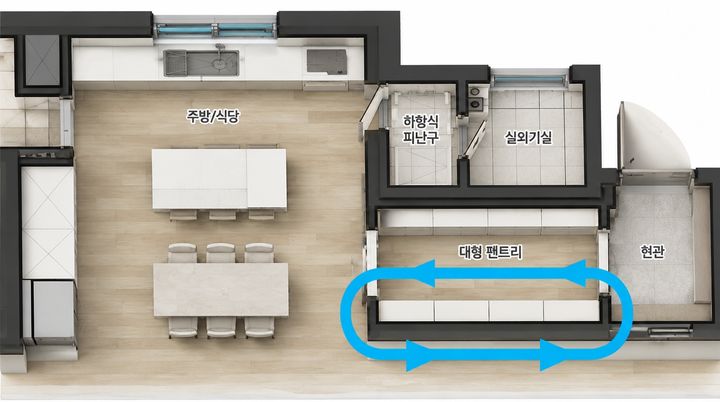[서울=뉴시스] 한화포레나 84㎡ 대면형 광폭주방 및 순환형 펜트리 평면도. (자료=한화 건설부문 제공) 2026.10.01. photo@newsis.com&nbsp; *재판매 및 DB 금지
