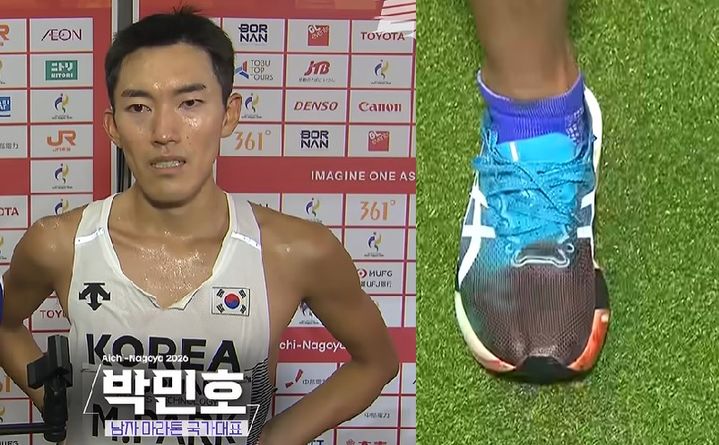 [서울=뉴시스]발바닥이 찢어져 운동화가 피로 물든 상황에서도 42.195㎞를 완주한 마라토너 박민호. (사진=유튜브 'KBS스포츠 올스' 캡처) 2026.10.01