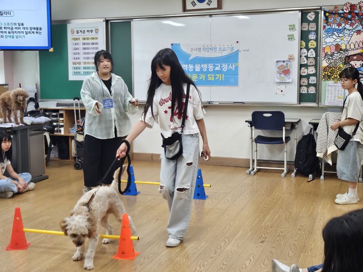 [용인=뉴시스] 반려동물행동교정사 체험을 하는 학생들(사진=용인새빛초등학교 제공) *재판매 및 DB 금지