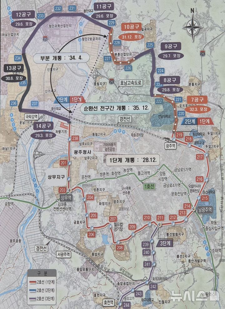[전남광주=뉴시스] 전남광주통합특별시가 2일 광주도시철도 2호선 사업 재검증 결과 2단계 일부 구간 2034년 4월 부분개통을 검토한다고 밝혔다. 2호선 노선도 중 부분개통 및 전 구간 개통 일정 계획도. (사진=뉴시스DB) 2026.10.02. photo@newsis.com 