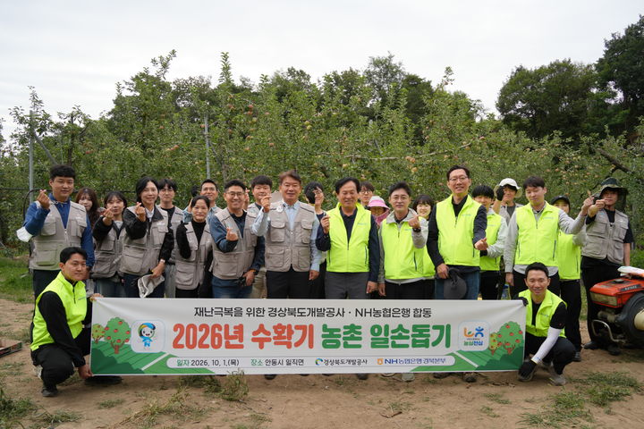 [안동=뉴시스] 경북개발공사와 NH농협은행 경북본부 임직원들이 지난 1일 안동시 일직면의 과수농가를 찾아 일손돕기 봉사활동을 벌이고 기념사진을 찍고 있다. (사진=경북개발공사 제공) 2026.10.02. photo@newsis.com *재판매 및 DB 금지