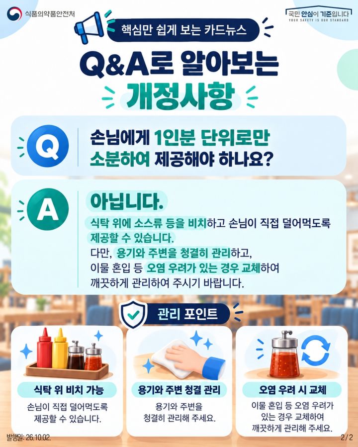 [서울=뉴시스] 식품의약품안전처는 2일 블로그와 페이스북 등을 통해 "소스류 비치가 전면 금지된 것은 아니다"라고 밝혔다. (사진=식약처 제공) 2026.10.02. photo@newsis.com *재판매 및 DB 금지