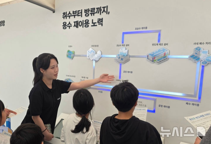 [서울=뉴시스]'2026 용인 사이버 과학축제'에 마련된 삼성전자 부스에서 지역 청소년들이 반도체 용수 재이용 과정에 대한 설명을 듣고 있다. 삼성전자는 이번 축제 기간 홍보 부스를 운영하며 용인 첨단 시스템반도체 국가 산단 추진 계획과 미래 비전을 시민들에게 알렸다. (사진=삼성전자 제공) 2026.10.03. photo@newsis.com