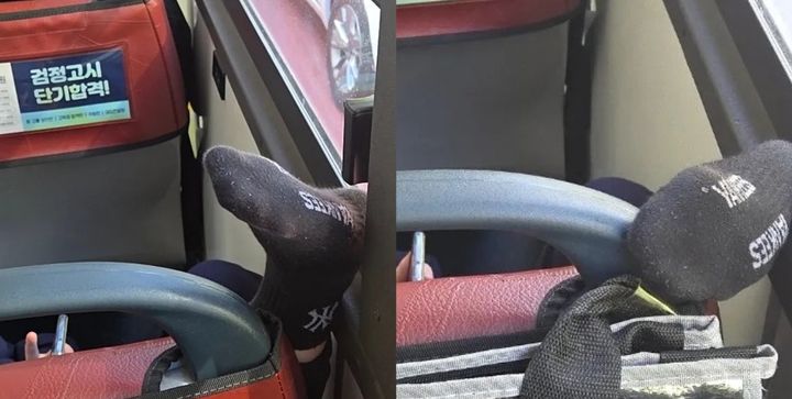 [서울=뉴시스] 버스에서 누워 게임하는 아이의 발이 찍힌 사진이 공개됐다. (사진 출처=스레드 캡처)