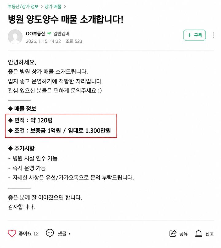 [서울=뉴시스] 실제 온라인 카페 게시글을 재구성한 20대 A씨의 병원 임대 광고 가상 예시. (사진=서울시 제공) photo@newsis.com *재판매 및 DB 금지