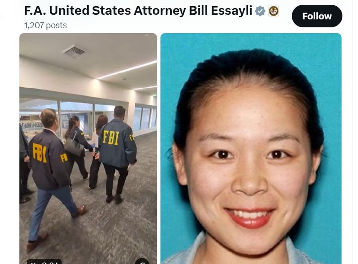 [워싱턴=뉴시스]미국 연방수사국(FBI)은 5일(현지 시간) 전날 캘리포니아주 로스앤젤레스(LA)의 LA국제공항에서 중국으로 출국하려던 장완잉을 체포했다고 밝혔다. 장은 라이칭더 대만 총통의 아들과 그 가족들을 감시해 관련 정보를 중국에 넘겼다는 혐의를 받고 있다. (사진=캘리포니아 법무장관 X 캡처). 2026.10.06. *재판매 및 DB 금지