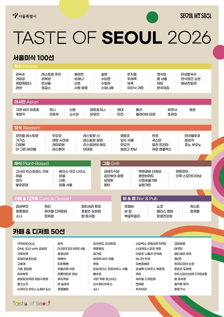 [서울=뉴시스] 서울시의 '2026 서울미식 100선'과 '서울 카페·디저트 50선' 선정 목록. (사진=서울시 제공) 2026.10.06. photo@newsis.com *재판매 및 DB 금지