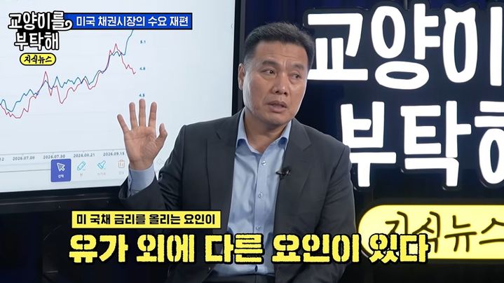 [서울=뉴시스] 이선엽 AFW파트너스 대표가 유튜브 채널 '교양이를 부탁해'에서 미국 국채금리 상승과 증시 전망에 대해 설명하고 있다. 이 대표는 5%대 국채금리 자체보다 높은 금리를 견디지 못하는 기업이나 차입자에게 문제가 발생하면서 금리가 급락하는 시점을 주의해야 한다고 분석했다. (사진='교양이를 부탁해' 유튜브 캡처) *재판매 및 DB 금지