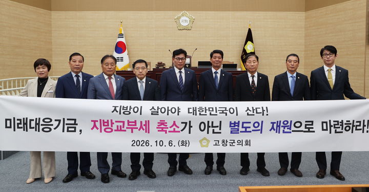 [고창=뉴시스] 6일 열린 고창군의회 제327회 임시회 제1차 본회의, 박성만 의장(왼쪽 여섯번째)을 비롯한 군의원들이 정부의 지방교부세법 개정 철회를 촉구하며 관련 현수막과 함께 사진을 찍고 있다. *재판매 및 DB 금지