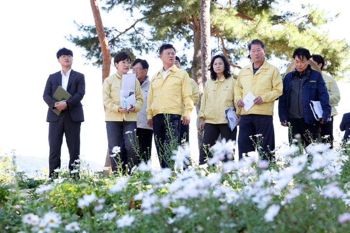 [정읍=뉴시스] 6일 이학수 시장(앞 왼쪽 세번째)이 오는 8일부터 '제19회 정읍 구절초 꽃축제'가 열릴 예정인 구절초지방정원의 축제 준비상황을 살피고 있다. *재판매 및 DB 금지