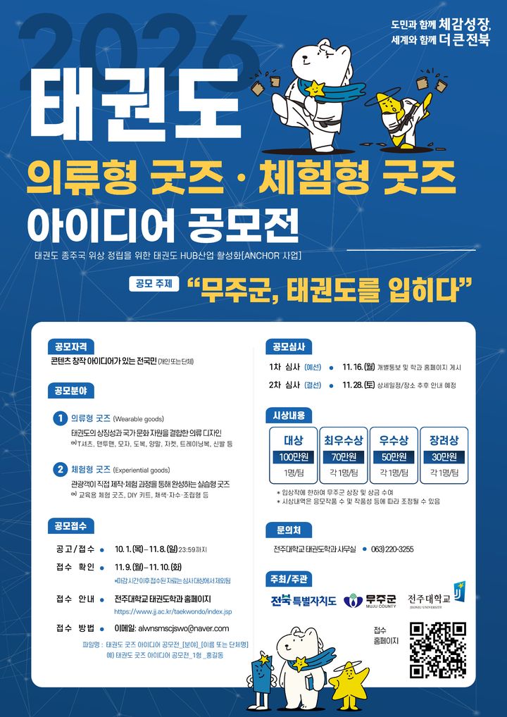 전북 전주대학교는 전북특별자치도, 무주군과 함께 태권도 종주국의 위상을 정립하고 태권도 HUB산업을 활성화하기 위해 '2026 태권도 의류형 굿즈·체험형 굿즈 아이디어 공모전'을 개최한다고 6일 밝혔다. *재판매 및 DB 금지
